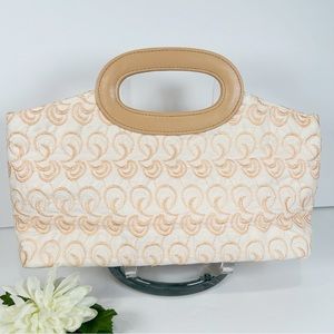 Victoria’s Secret White Fabric Handbag Peach Embroidery Oval Handles